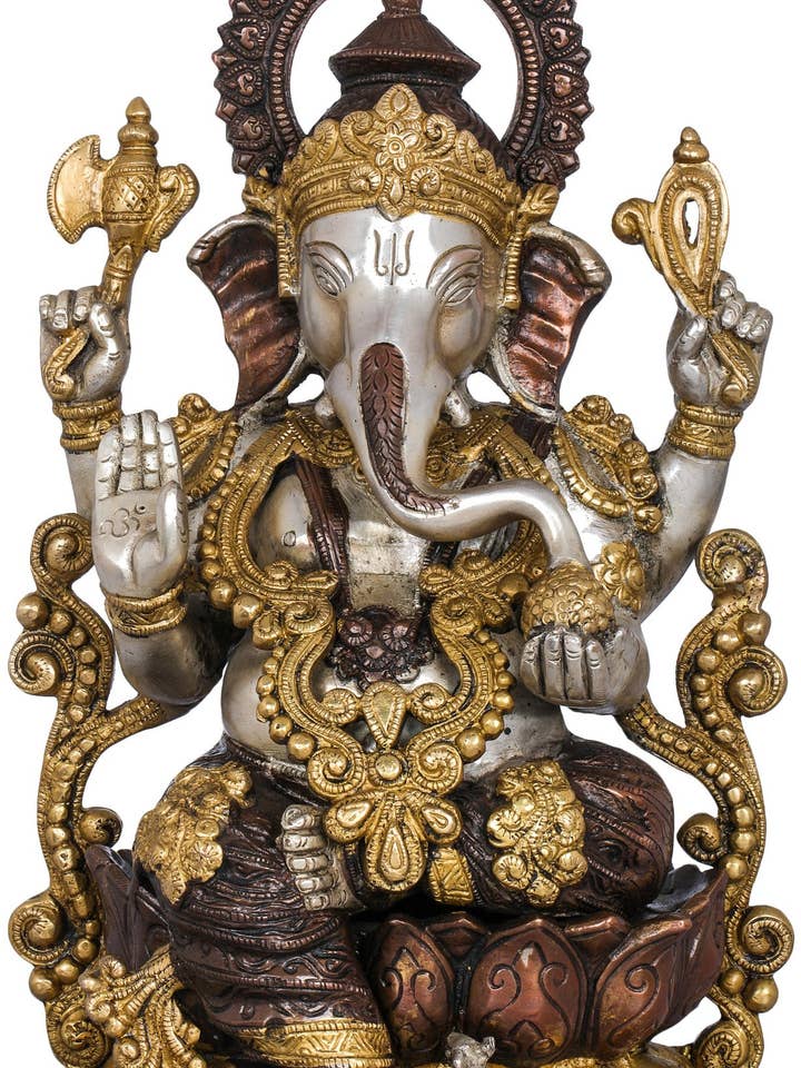 Kamalasana Lord Ganesha de 13 pulgadas en latón | Ídolo de Ganesha hecho a mano para venta al por mayor de Exotic India Art