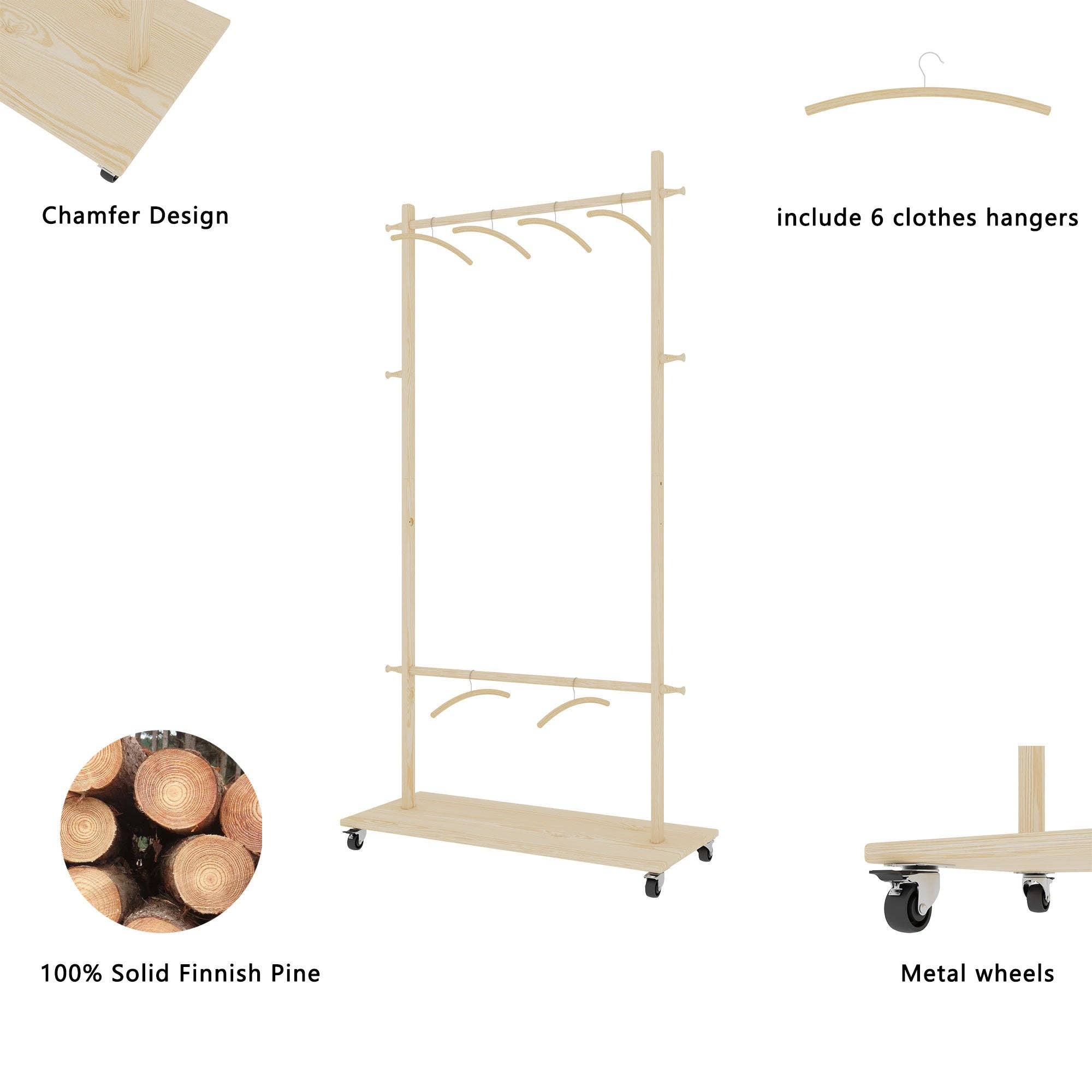 39F Inc. - Wholesale Clothes Hangers - Solid Wood Garment Rack with Shelf, Wheels & 6 Hangers10