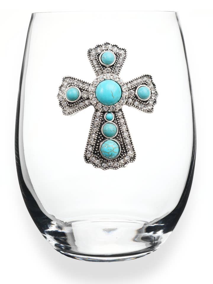 Turquoise Cross Jeweled Stemless Wine Glass for wholesale by The Queens' Jewels®