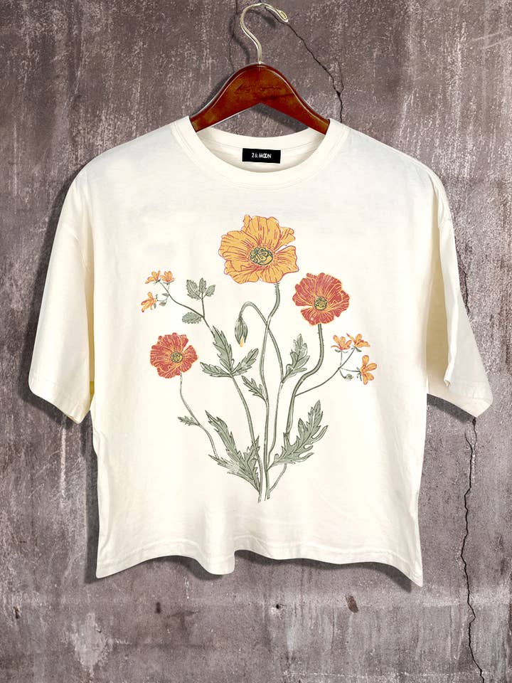 2&moon - Wholesale Screen Printed T-Shirt - Women's - Flower Graphic Crop Tee