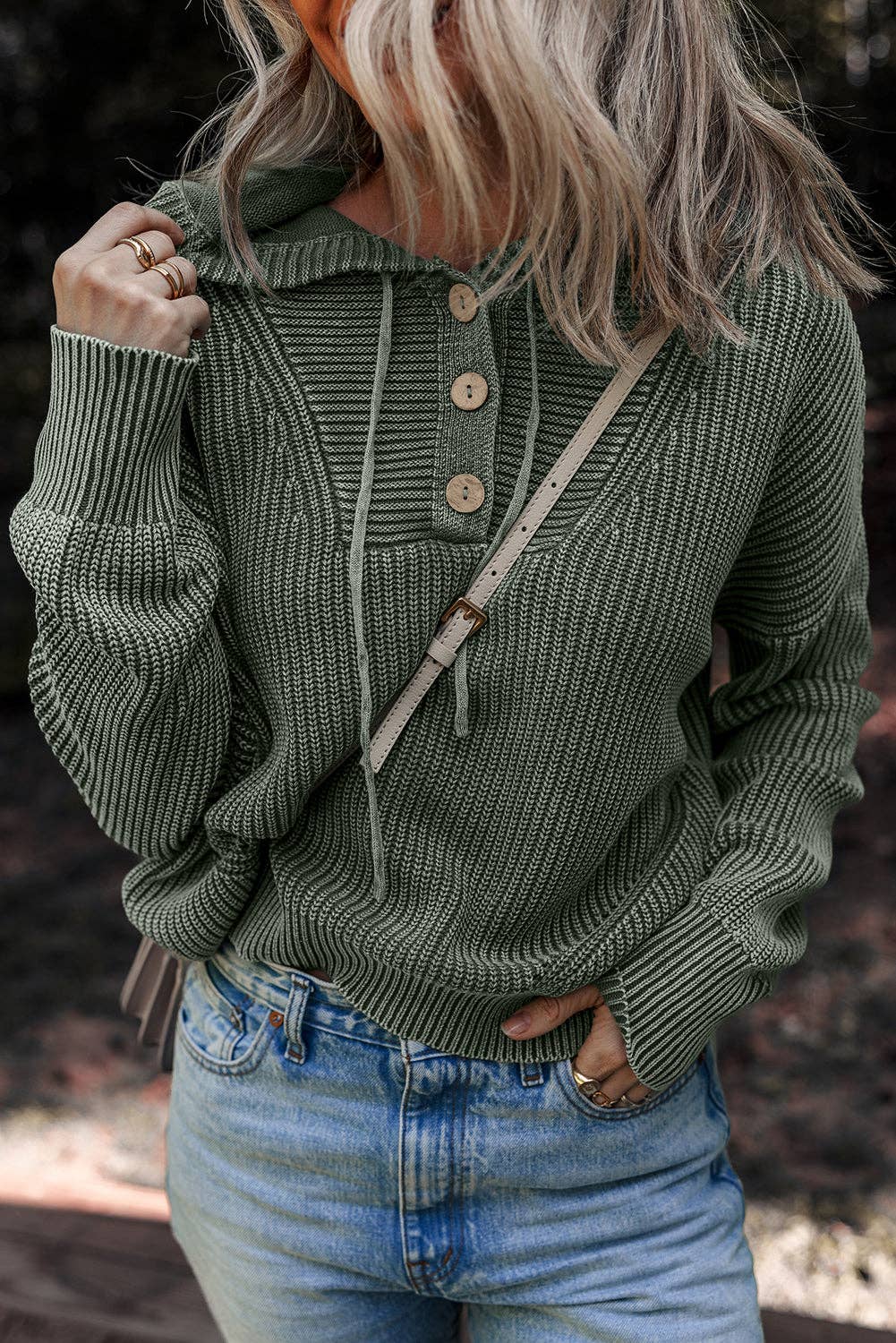 Mist Green Mineral Wash Ribbed Knit Hooded Sweater for wholesale on Faire3