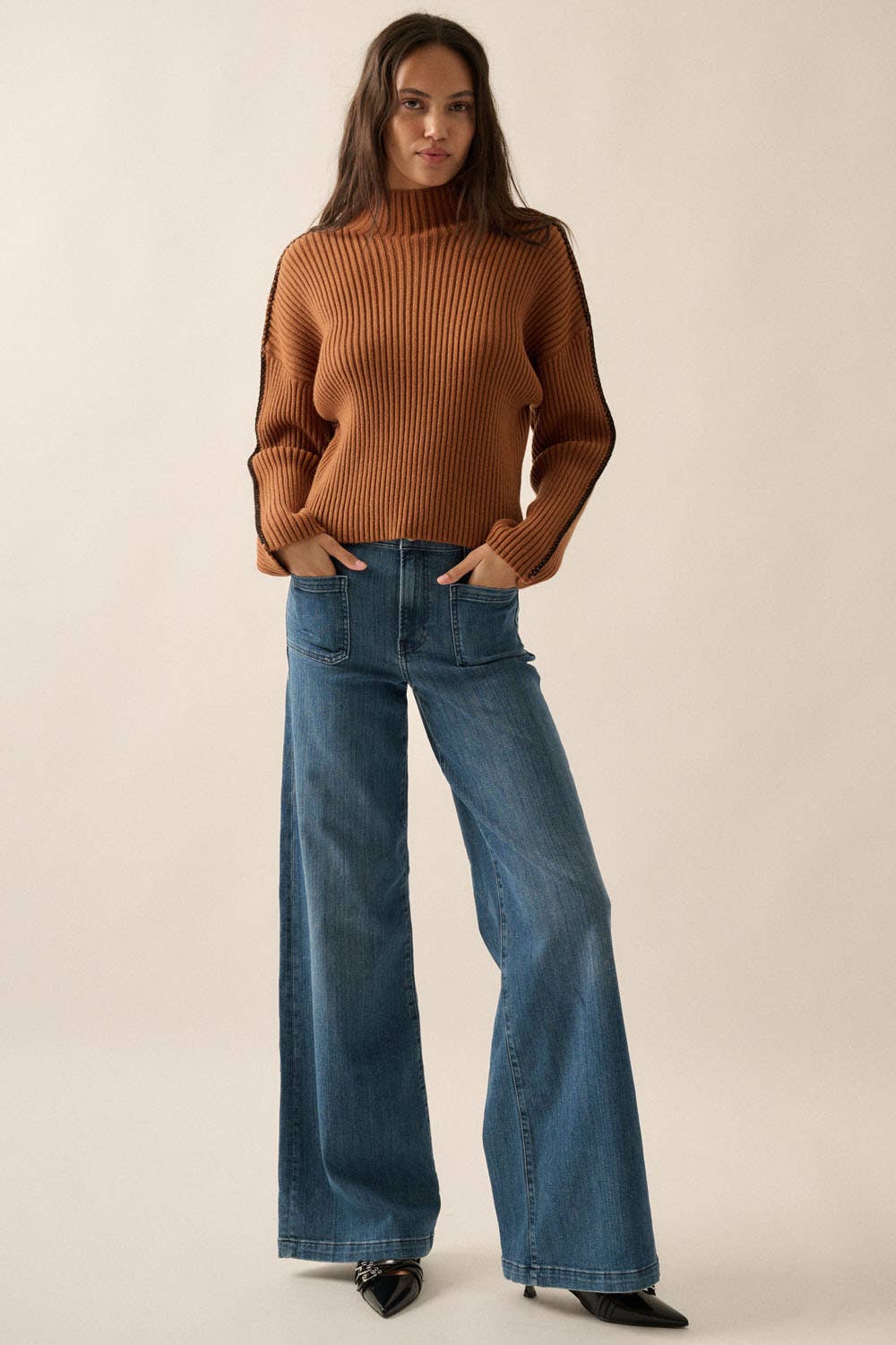 Promesa USA - Wholesale Knit Sweater - Women's - Solid High Neck Rib Knit Expose Seam Sweater5