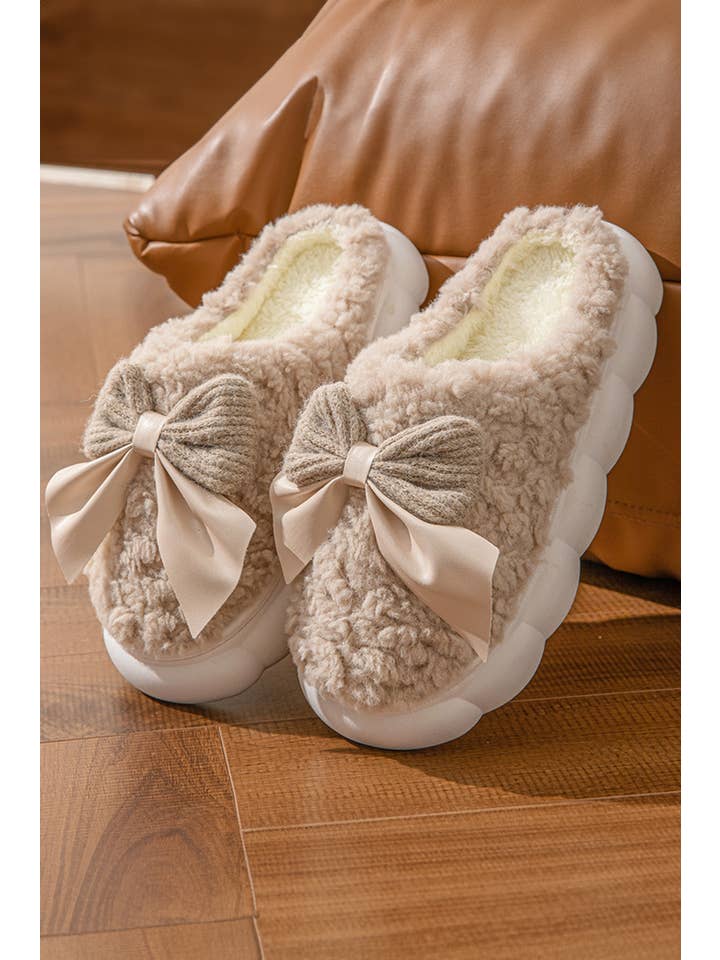 Little Daisy Closet - Wholesale Slippers - Women's - LDC Contrast Bowknot Applique Plush Winter Slippers
