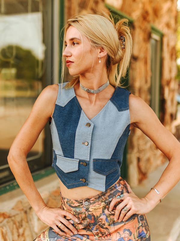 Multi Patchwork Denim Button Down Vest for wholesale by LUCKY & BLESSED