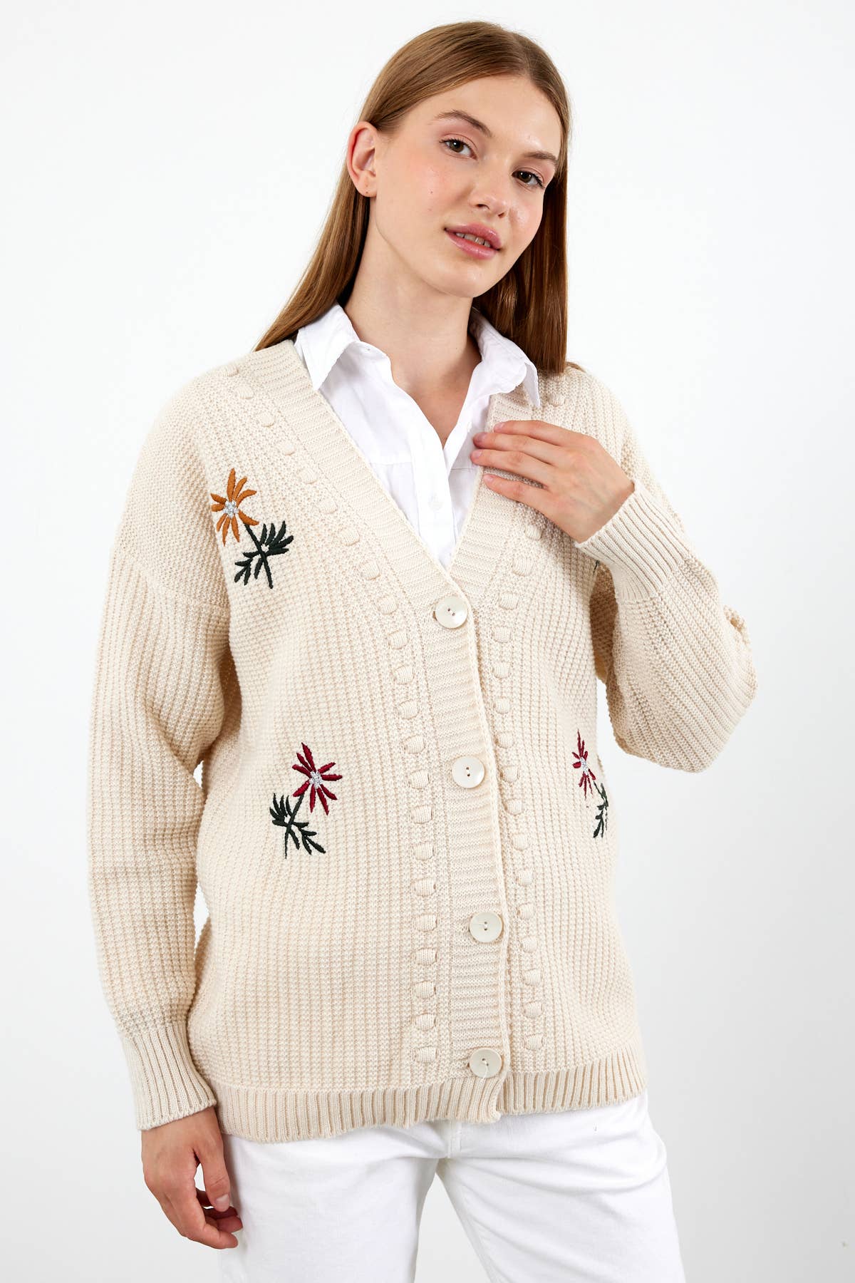 VAV NEW YORK - Vente Cardigan – femme - Cardigan en tricot à fleurs Cardigan en tricot mi-long - 381016