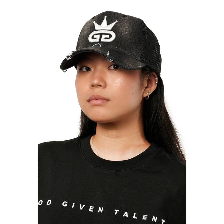 God Given Talent – wholesale Truckerkeps – Unisex – GGT Syra Tvättad Sliten Svart Denim Mesh Snapback3