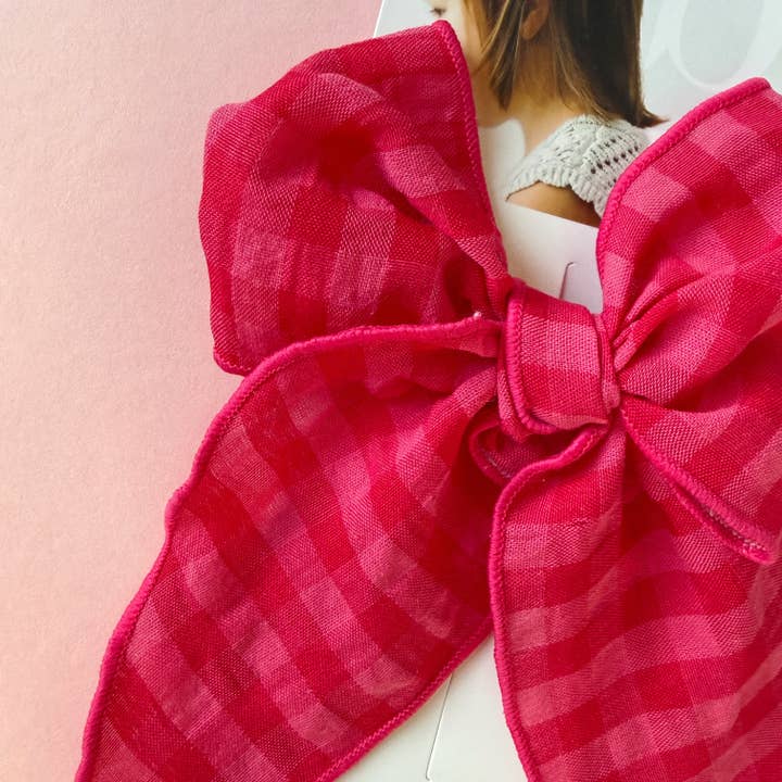 POINTED BIG BELLE CLIP: raspberry gingham for wholesale by Baby Bling Bows