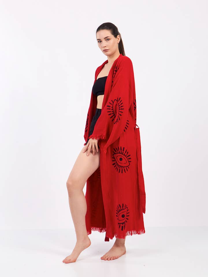 Caftan kimono rouge à imprimé turc et imprimé Evil Eye pour la vente par Yaz Concepts