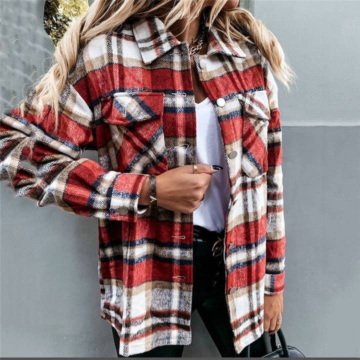 ShieldChic - Wholesale Button Down Shirt - Women's - Woolen Long Sleeve Plaid Shirt