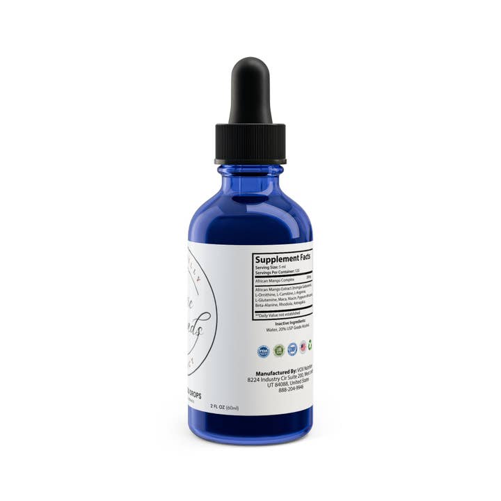 Blue bottle black dropper African Mango Drops Supplement (60ml, 2fl.oz) for wholesale on Faire