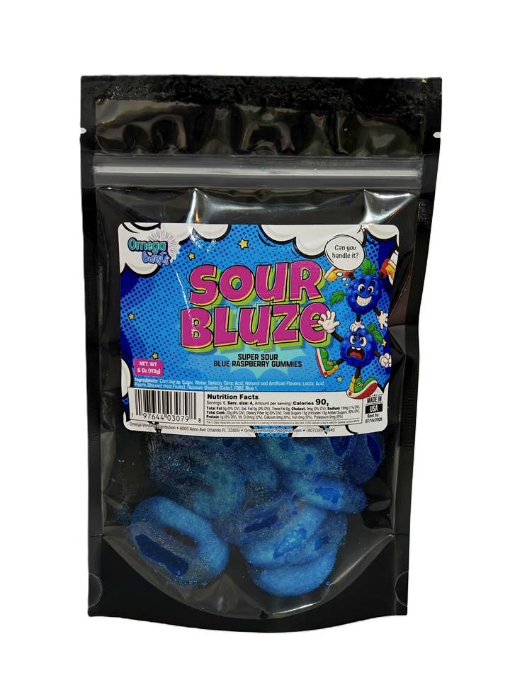 💙 Omega Bursts Sour Bluze – Super Sour Blue Raspberry Gummies (6 oz) for wholesale by Omega Bursts