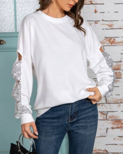 Rosa Clothing - Wholesale Sweatshirt - Women's - Fashion Sequin Bow Hollow Sleeve Sweatshirt2