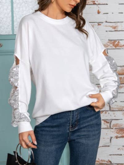 Rosa Clothing - Wholesale Sweatshirt - Women's - Fashion Sequin Bow Hollow Sleeve Sweatshirt2