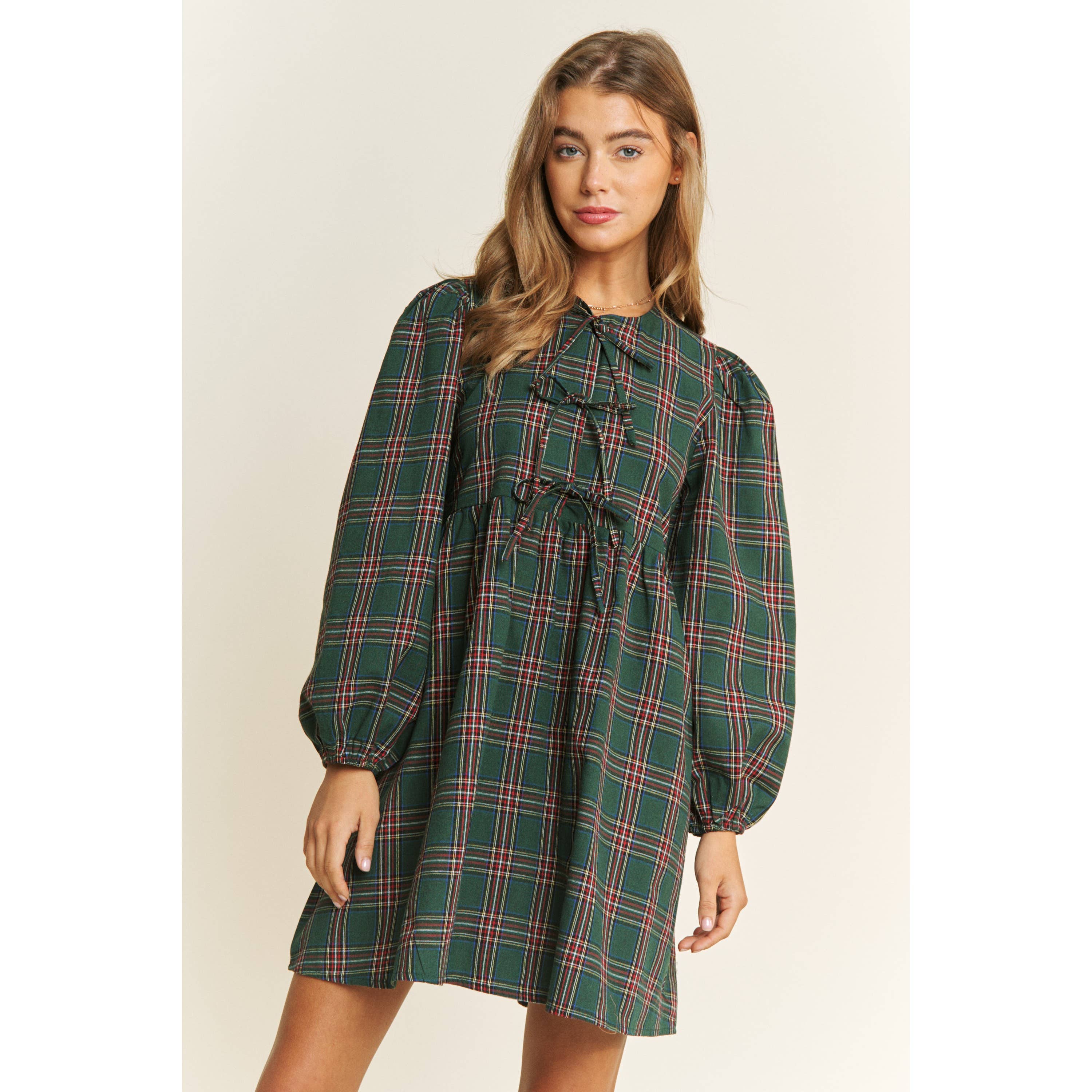 Sweet Generis - Wholesale Dress - Women's - SOFT PLAID WOVEN FABRIC BABYDOLL BOW MINI DRESS6