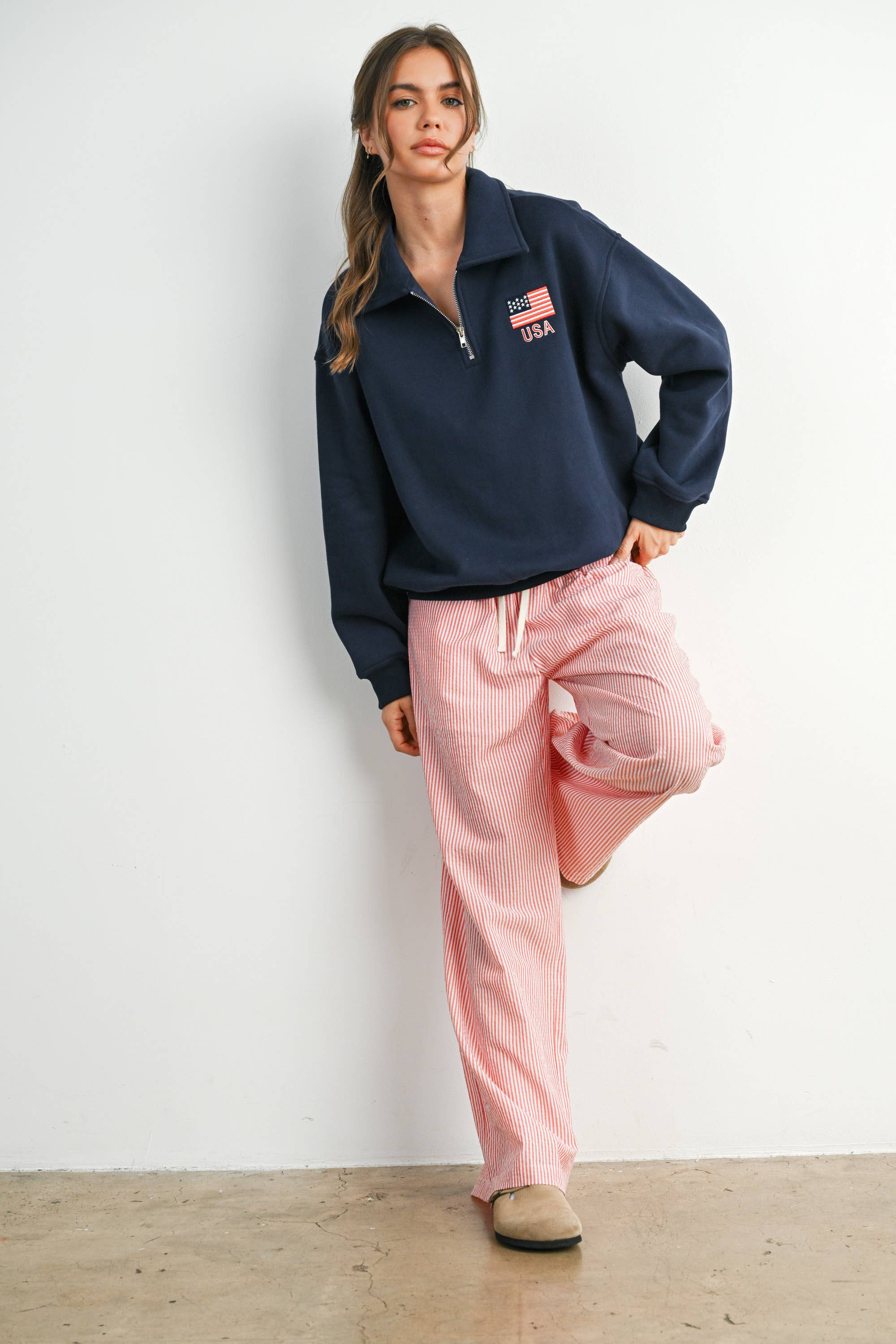 BUTTERMELON - Wholesale Sweatshirt - Women's - Loose Collared Quarter-Zip Top - BMT77940