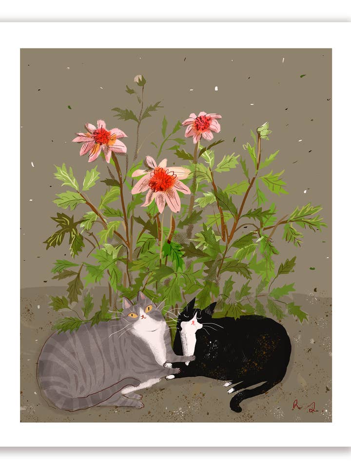 Garden Babies Cat Print - Under the Dahlias for wholesale by The Dancing Cat