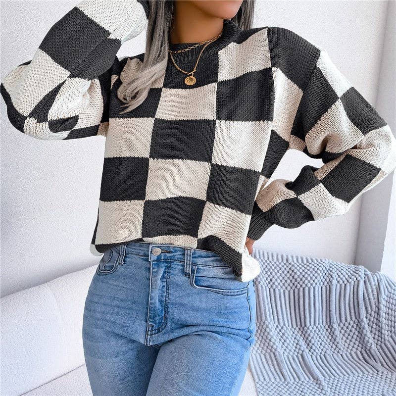 OceanusSwim - Wholesale Knit Sweater - Women's - Color Block Checkered Sweater0