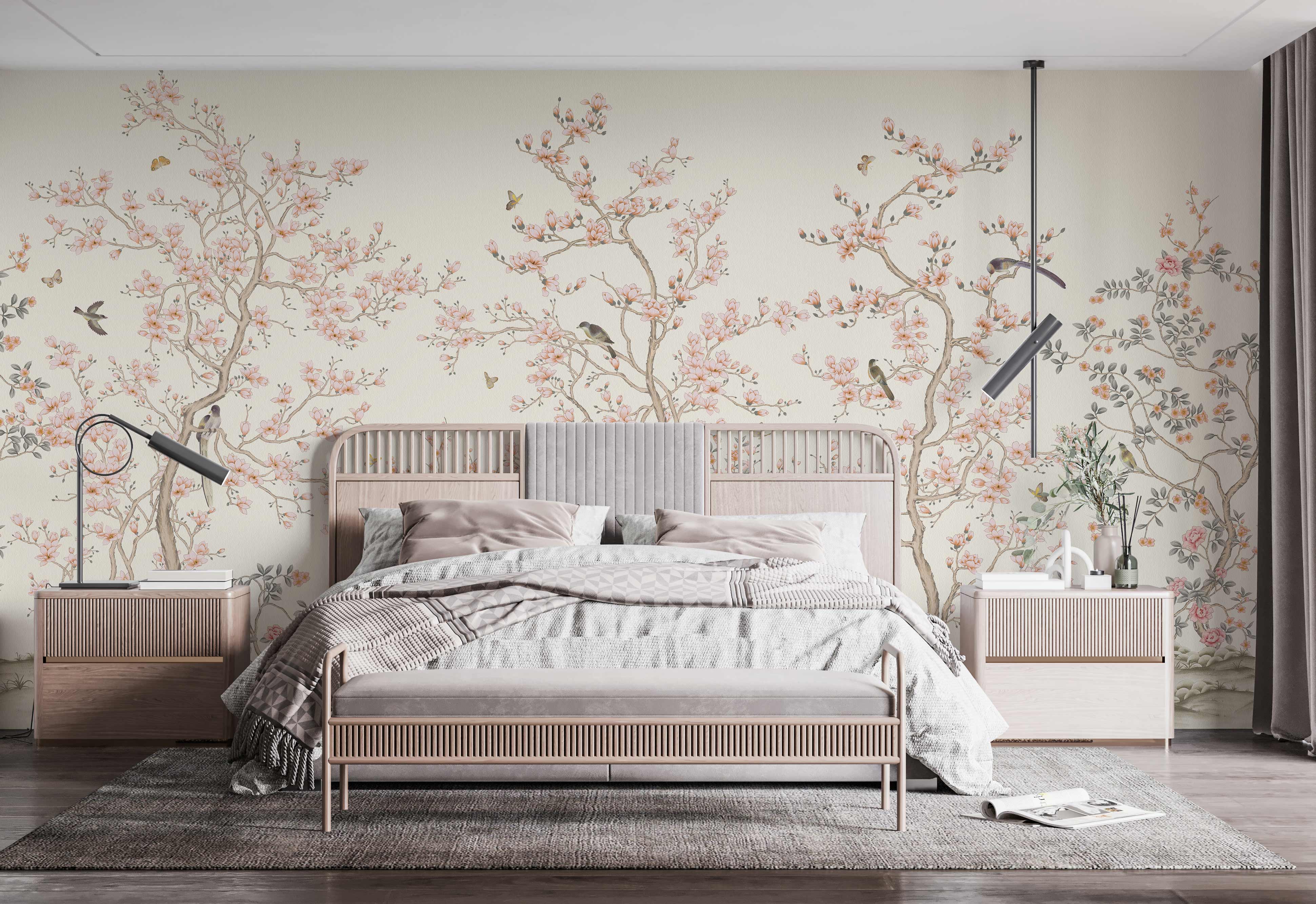 GK Home Decor - Venta al por mayor Papel pintado - Murales de papel pintado Chinoiserie Serene Blossom ilustrado a mano4