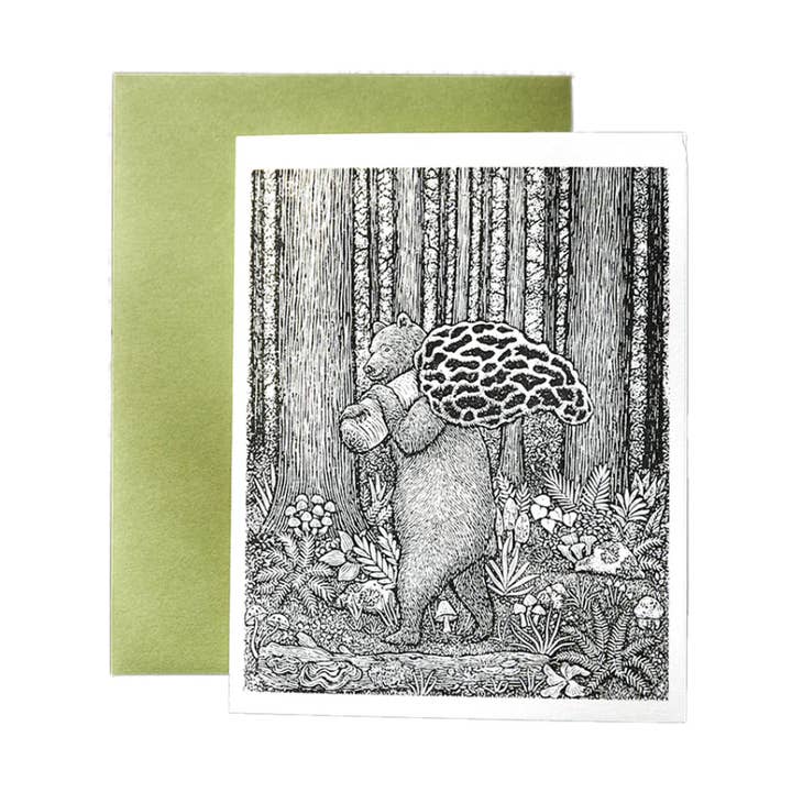 Mushroom Hunt linocut relief print greeting card for wholesale by Anomal Press