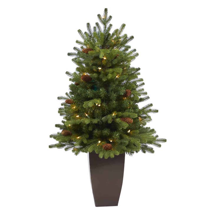 3.5’ Yukon Mountain Fir Artificial Christmas Tree with 50 Clear Lights and Pine Cones in Bronze Metal Planter for wholesale by Silk Flower Depot