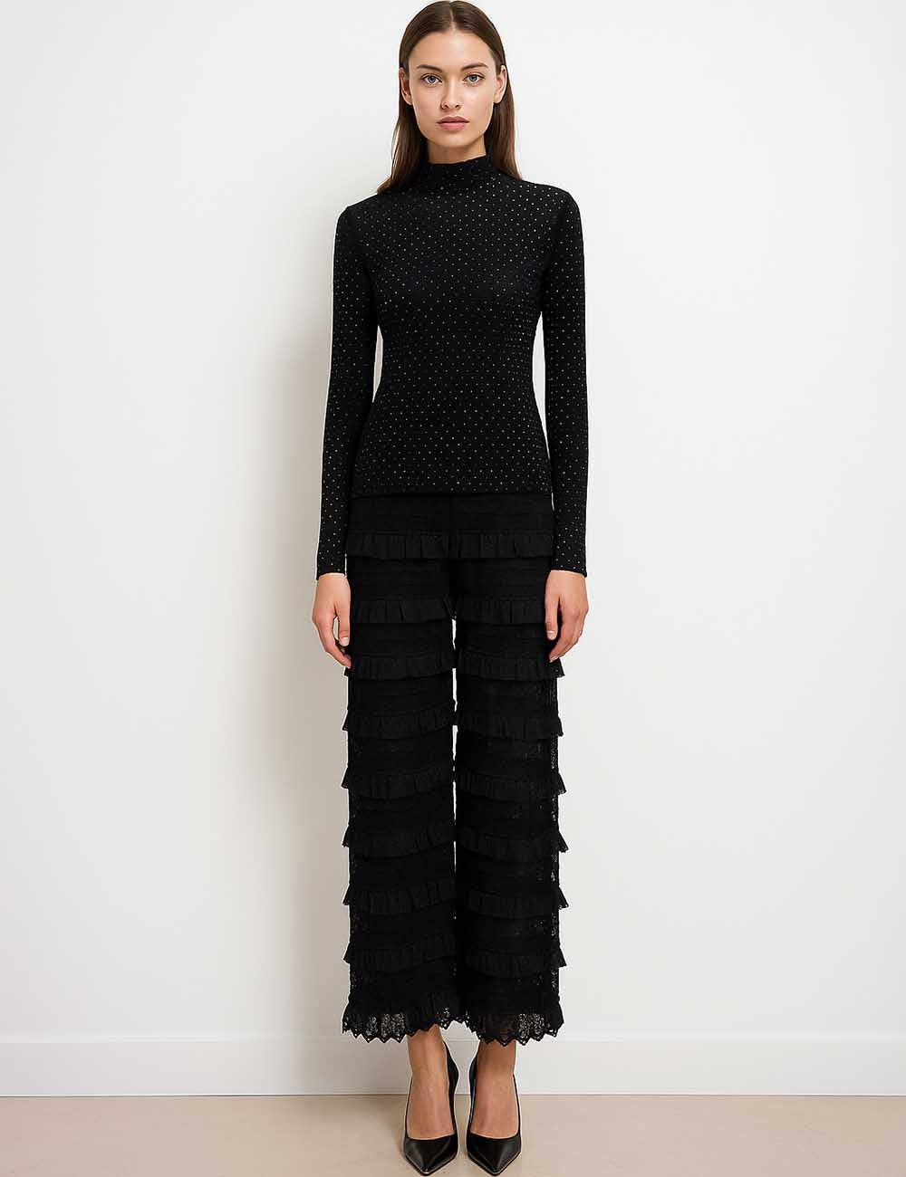 Black Ladies Romantic Elegant Ruffle Wide Leg Pants for wholesale on Faire2