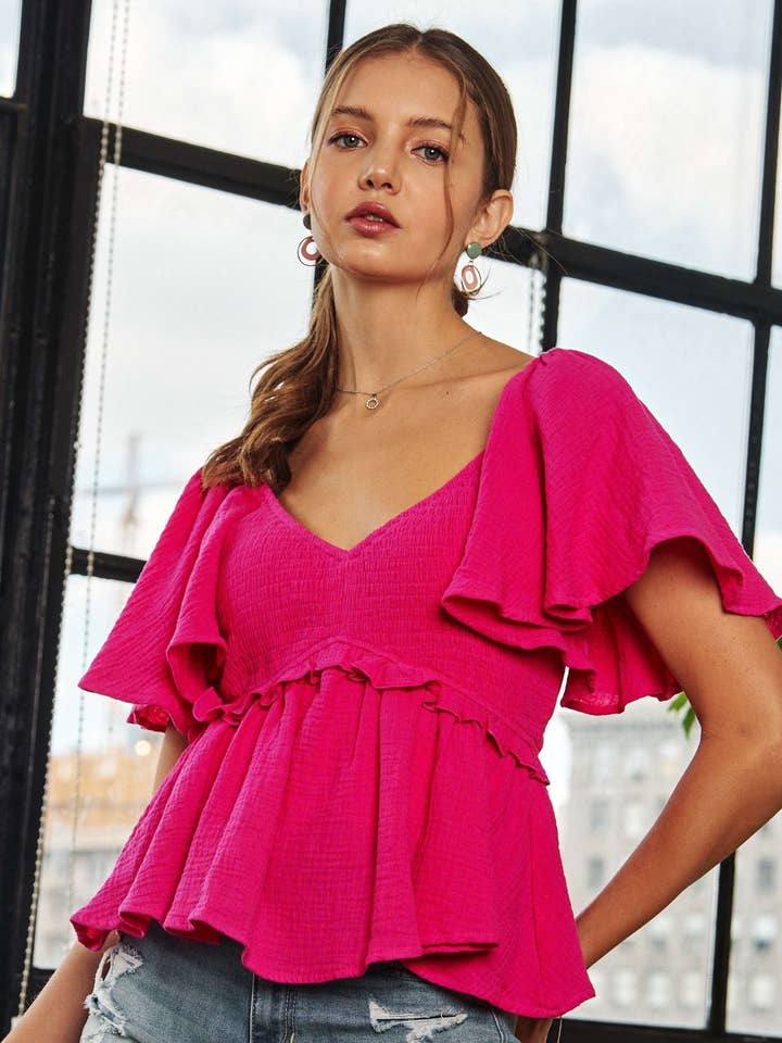 BLUSE MED FLÆRME OG PEPLUM - CET3496 for engroshandel hos ADORA LA