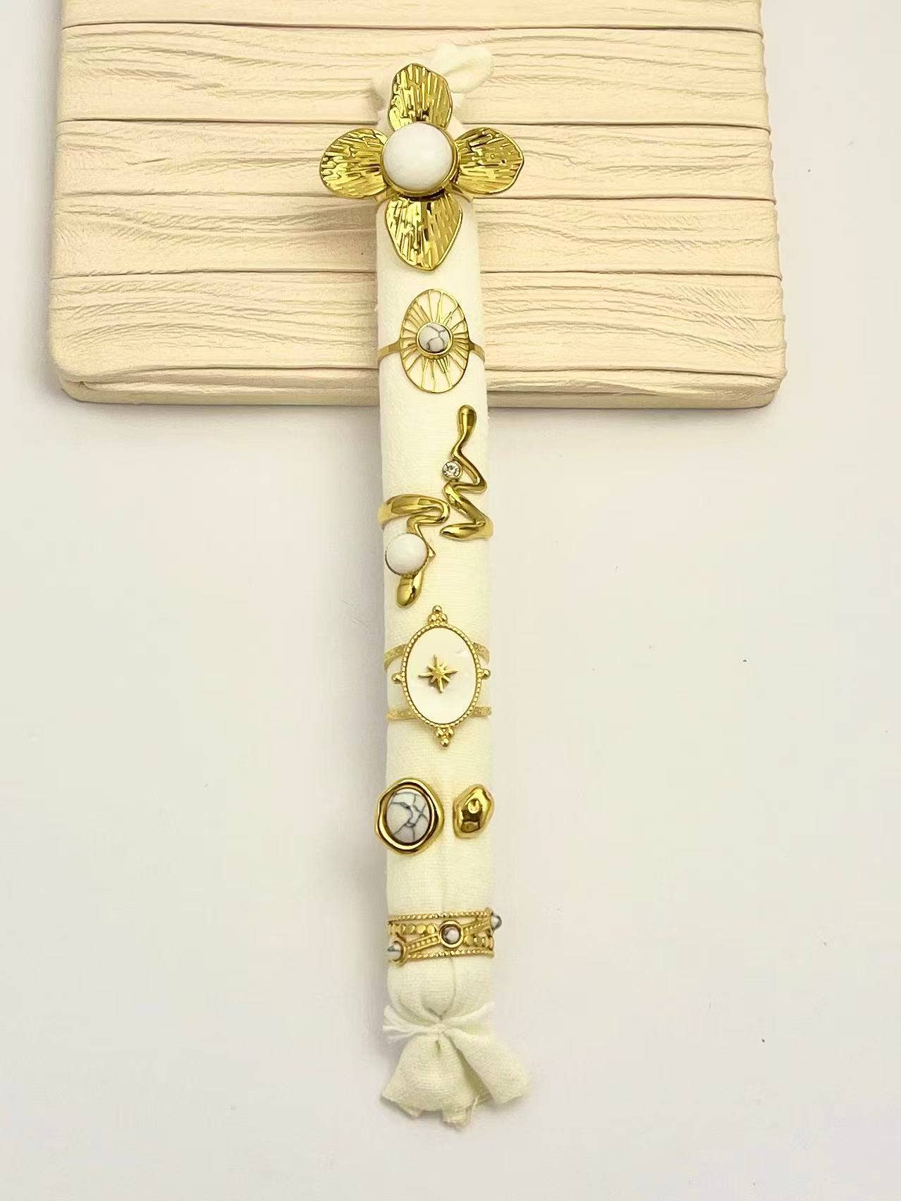 COSMOS - Wholesale Band/Stacked Ring - Set of 6 Adjustable Rings with White Stones and Mother-of-Pearl in Steel1