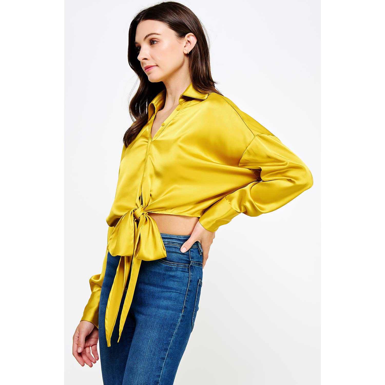 Strut & Bolt - Wholesale Button Down Shirt - Women's - Button Down Waist Tie Satin Shirt Top9