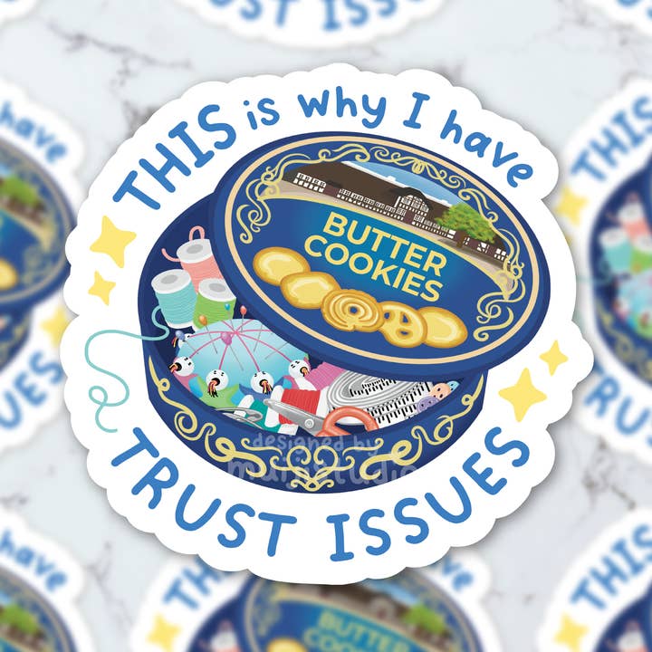 Trust Issues Sewing Kit Vinyl Sticker, Danish Butter Cookie for wholesale by Muijistudio