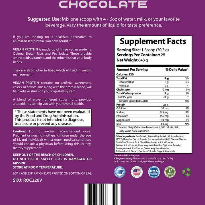 Hard Rock Health Stores – Proteína/Superalimento em pó por atacado – 2lb Vegan 100% puro Vegan Protein Chocolate2