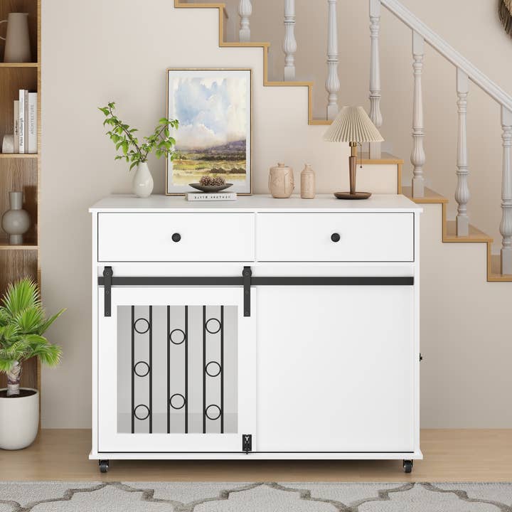 39F Inc. - Wholesale Pet Carrier - Dog - 39.37'' Wooden Dog Crate with Drawers & Barn Door White11