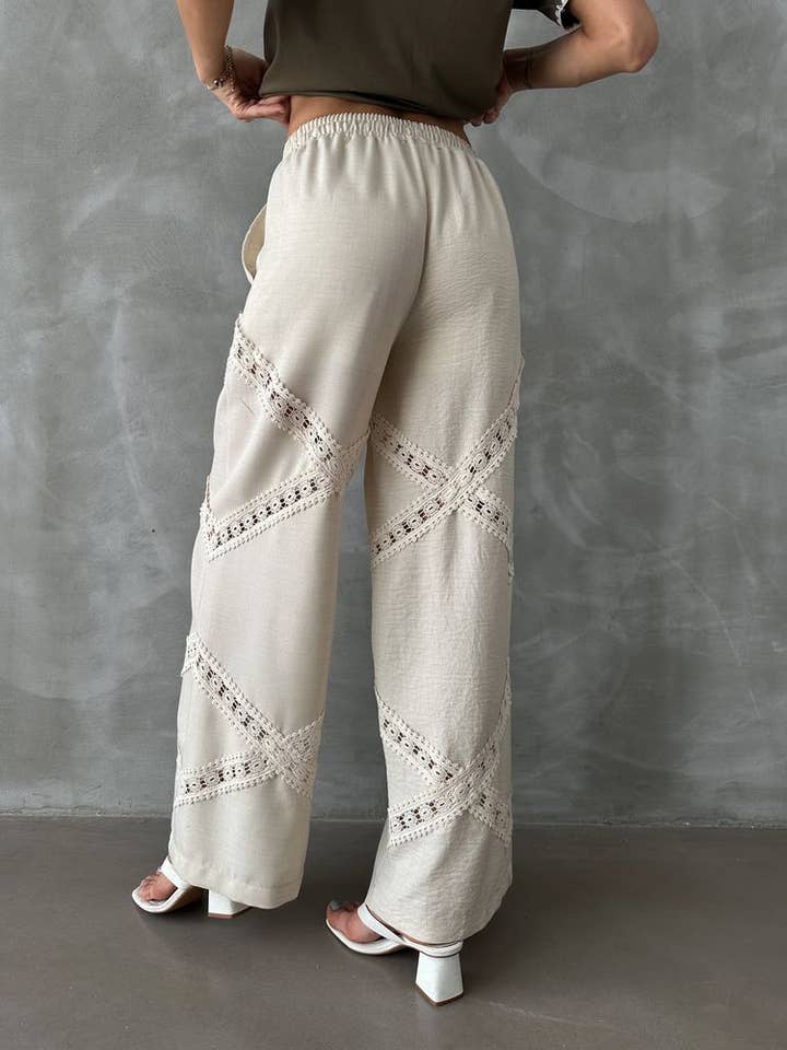 Design company-Fatma Balkir - Wholesale Pants - Women's - Linen Pants with Lace Detail for Women- Relaxed Fit Boho