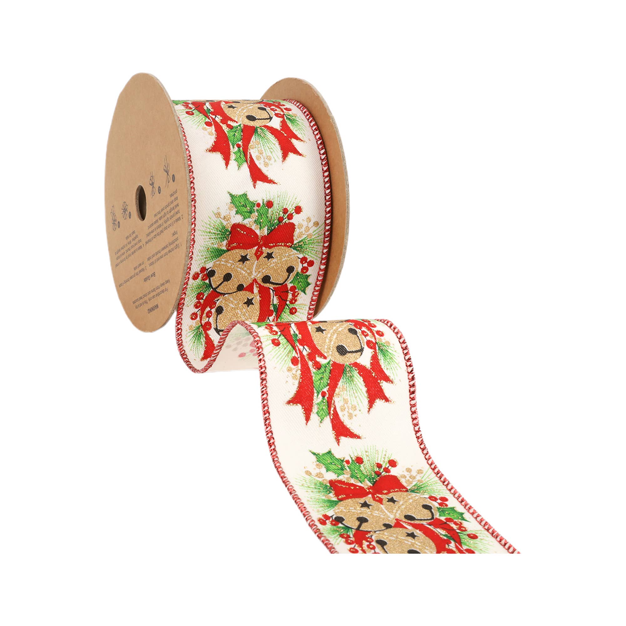 LA Ribbons Wholesale – fita para embrulhar presentes por atacado – Fita de Natal com Arame 2 1/2" | Sinos Brancos c/ Azevinho | Rolo de 10 Jardas2