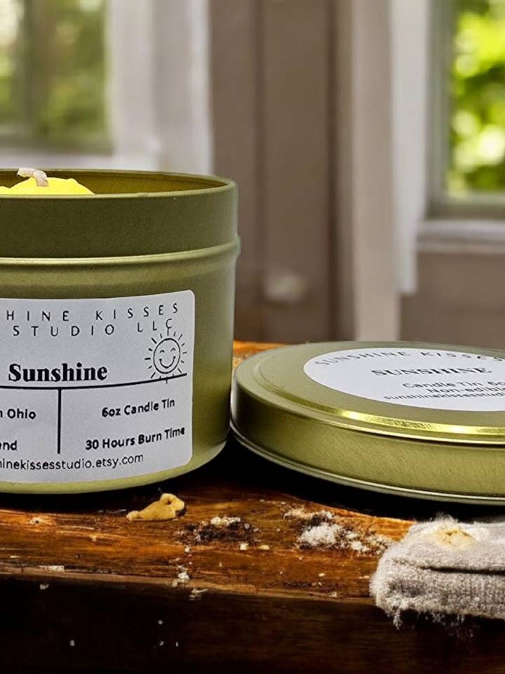 Sunshine 6 oz Candle Tin for wholesale by Sunshine Kisses Wax Studio LLC