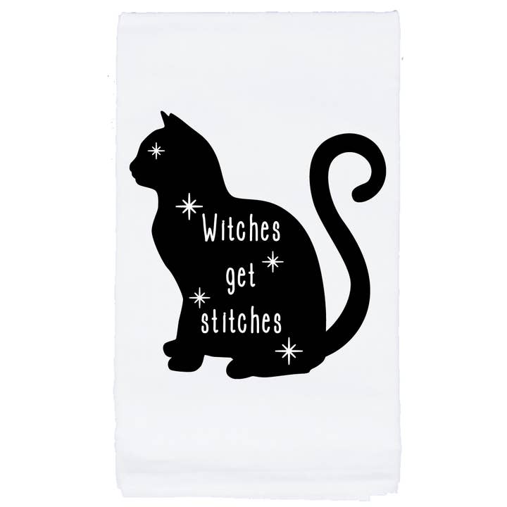 Witches Get Stitches funny halloween decor tea towel for wholesale by Sycamore Creek Makers