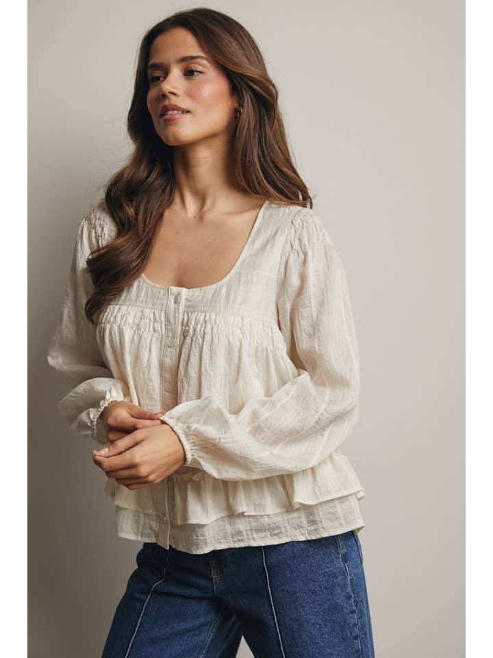 Forte - Wholesale Blouse – Women’s - Ruffle Hem Peasant Blouse FT00296