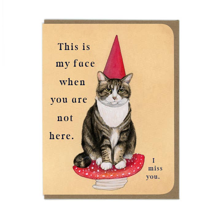 MISS YOU - Garden Gnome Kitty - Greeting Card for wholesale by Amy Rose Moore Illustration