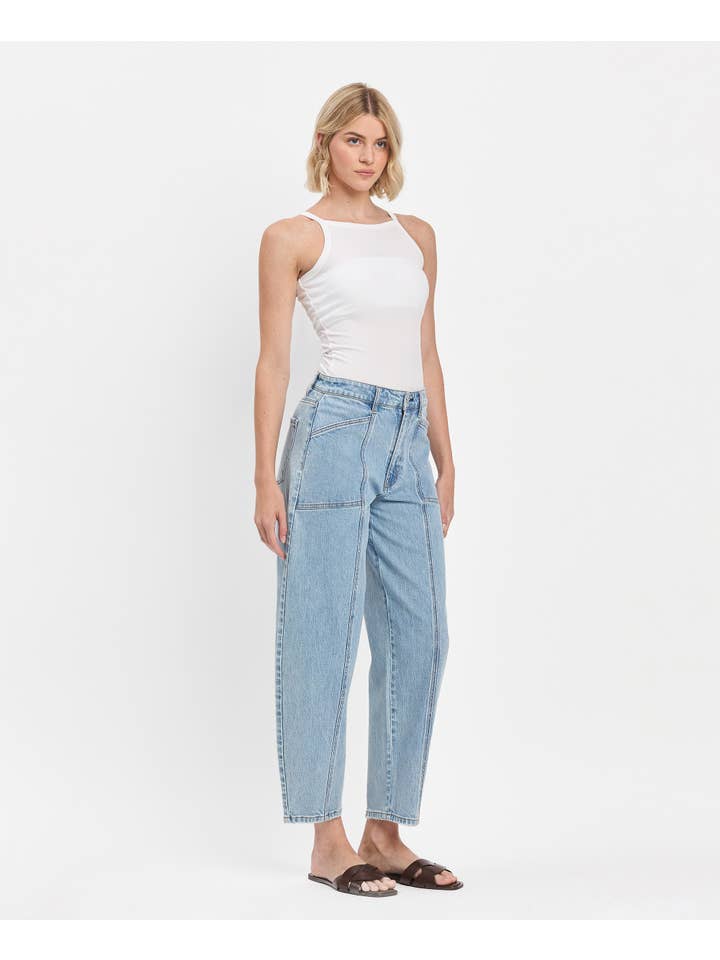 DEXTEROUSLY SUPER HIGH RISE PANEL DETAIL BARREL JEANS T6610 for wholesale on Faire