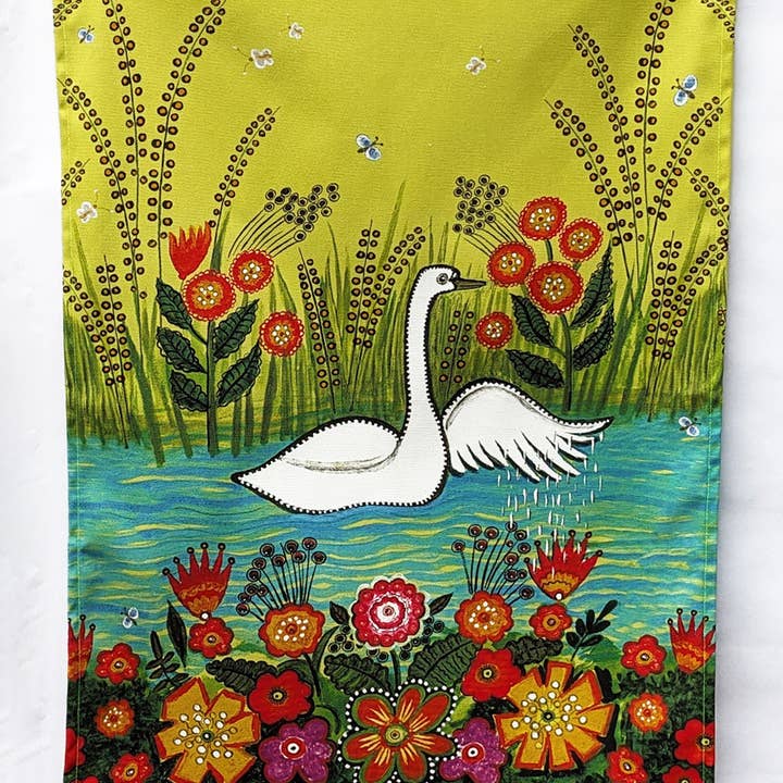 Folk art Swan with Flowers organic cotton kitchen towel for wholesale by Kapelki Art