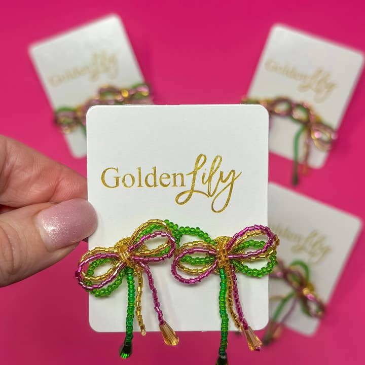 Boucles d'oreilles Mardi Gras - Mini boucles d'oreilles nœud Mardi Gras pour la vente par Golden Lily