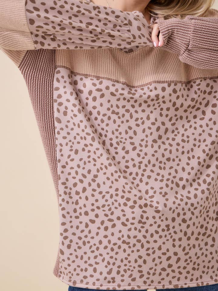 Celeste Clothing - Wholesale Knit Top - Women's - WOMEN'S RIB COLOR BLOCK ANIMAL PRINT LONG SLEEVE TOP47