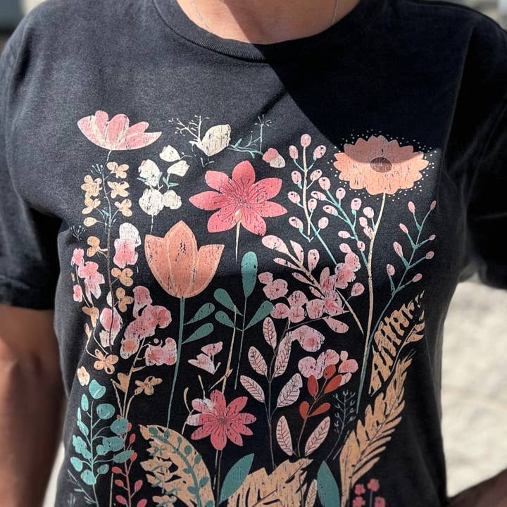 Boho Wildflowers Graphic Tee, Uniex tee, vintage washed for wholesale by Serendipity Tees