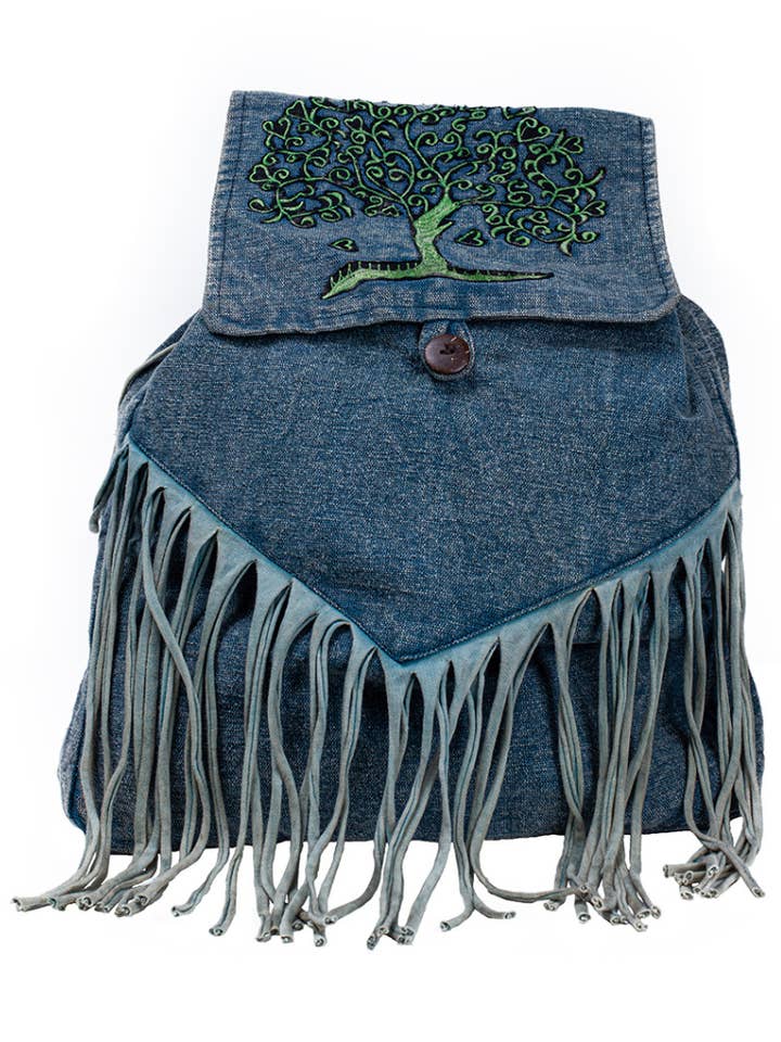 Mochila Tree of Life azul lavada a la piedra con flecos para venta al por mayor de Earth Divas