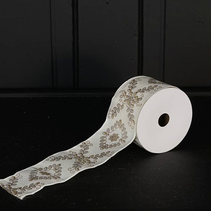 Holiday Depot Inc. - Wholesale Ribbon - Gift Wrapping - R32927-Wired Ribbon-Gray Burlap w. golden pinecones (2.5inW)
