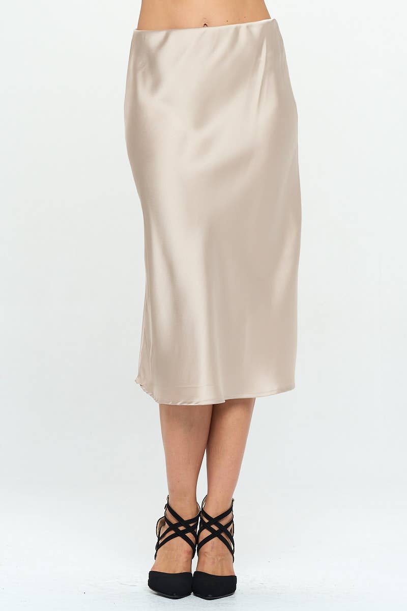 BEIGE Made in USA Solid Satin Midi Skirt for wholesale on Faire