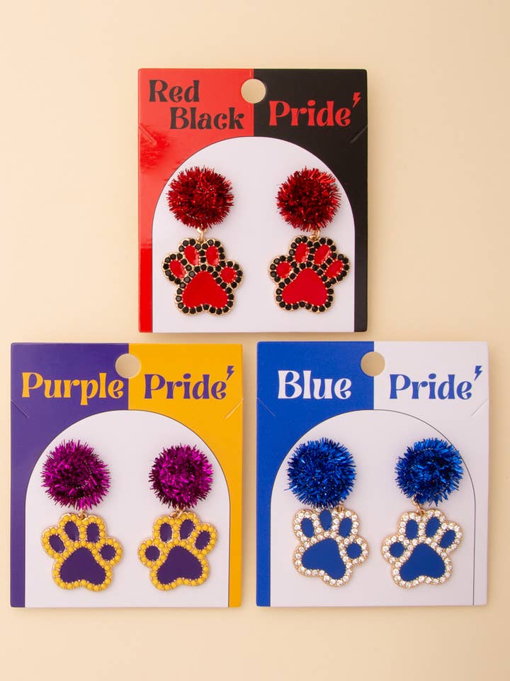 Game Day Dog Paw Dangle Earrings with Pom and Rhinestone for wholesale by SP Sophia Collection