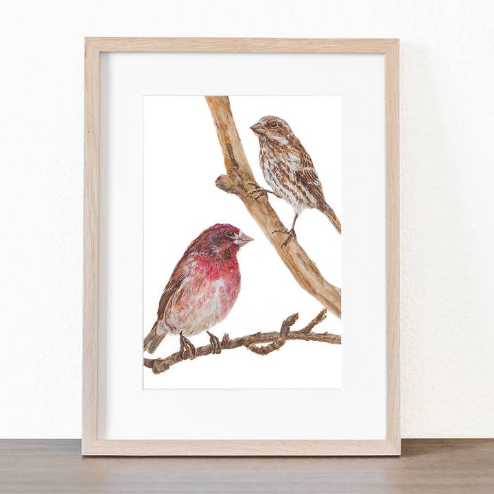 Purple Finches Giclee, Wall Decor, Bird Art, Watercolor for wholesale by Joy Neasley Studios