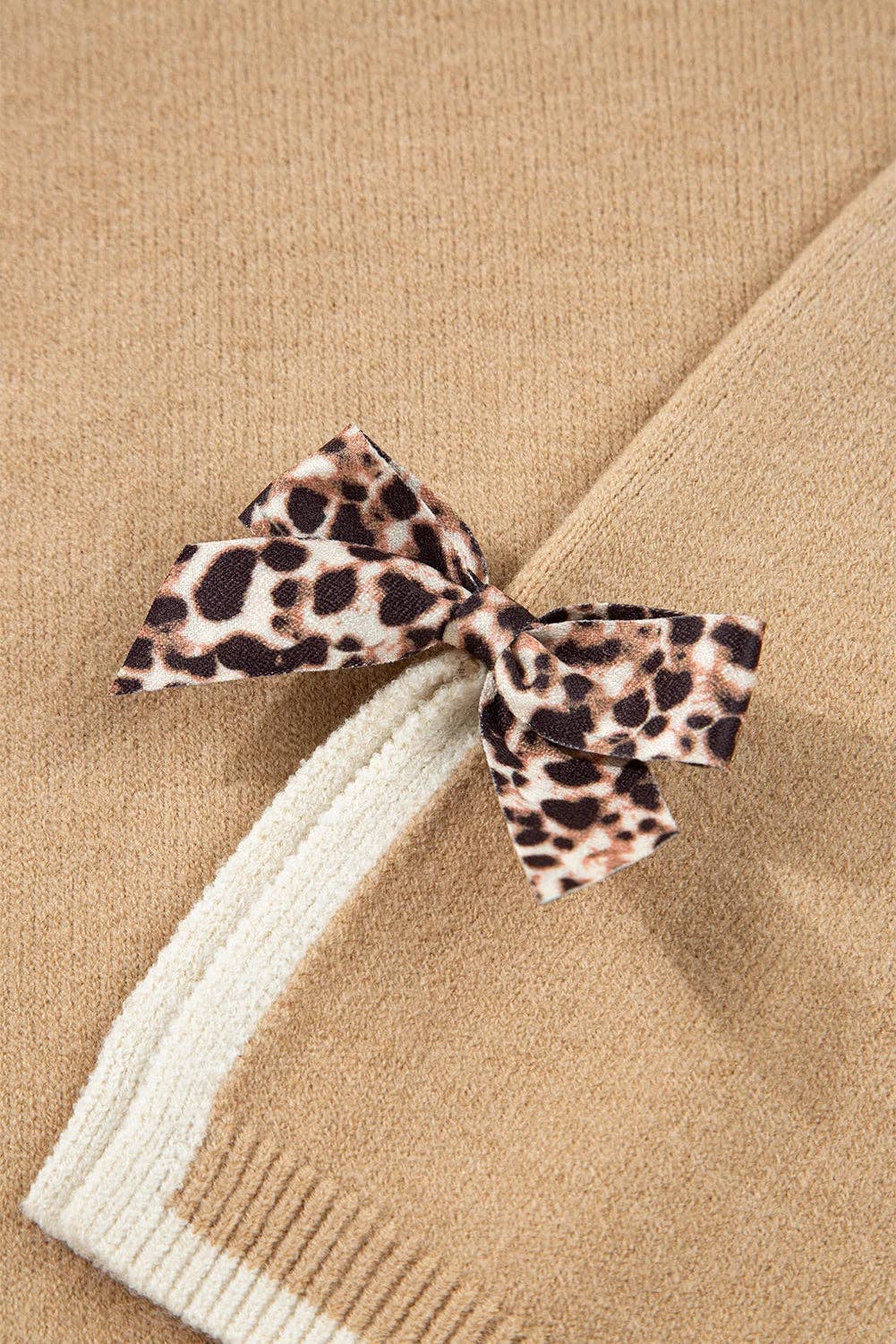 Suhkasana - Wholesale Knit Sweater - Women's - Leopard Bow Split Cuff Contrast Knit Sweater for Women22