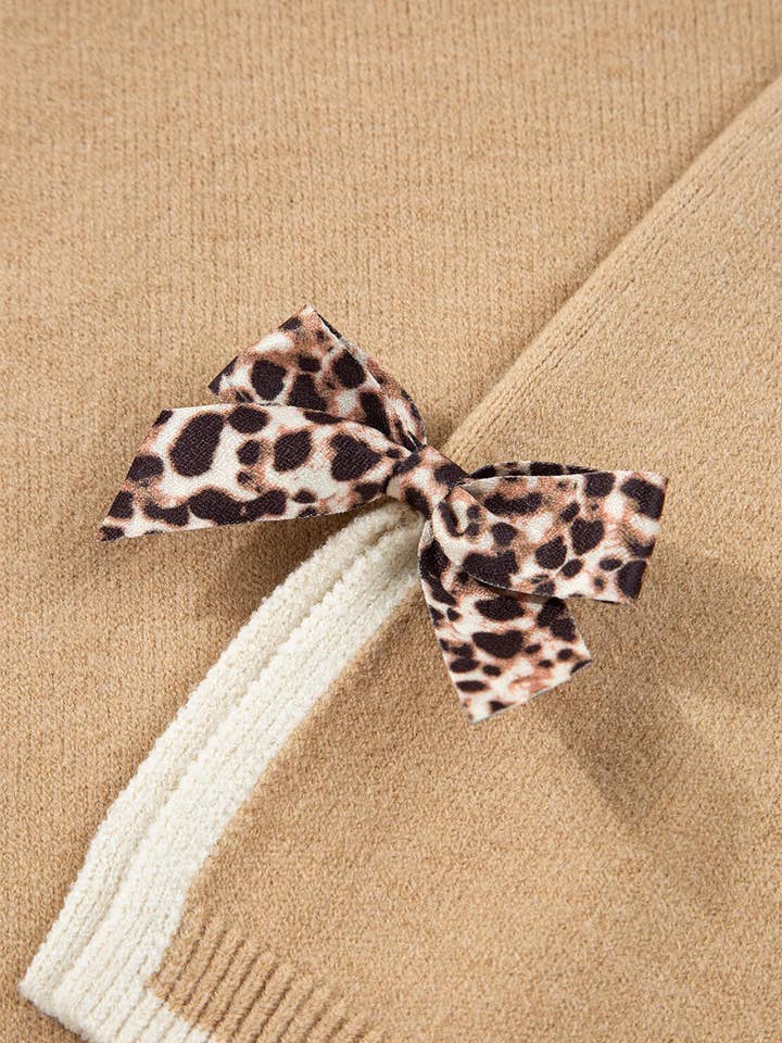 Suhkasana - Wholesale Knit Sweater - Women's - Leopard Bow Split Cuff Contrast Knit Sweater for Women22