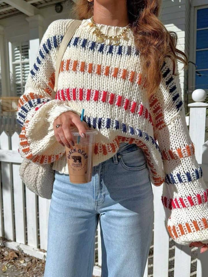 Drop Shoulder Vintage Color block Knit Sweater for wholesale by Rosa Clothing